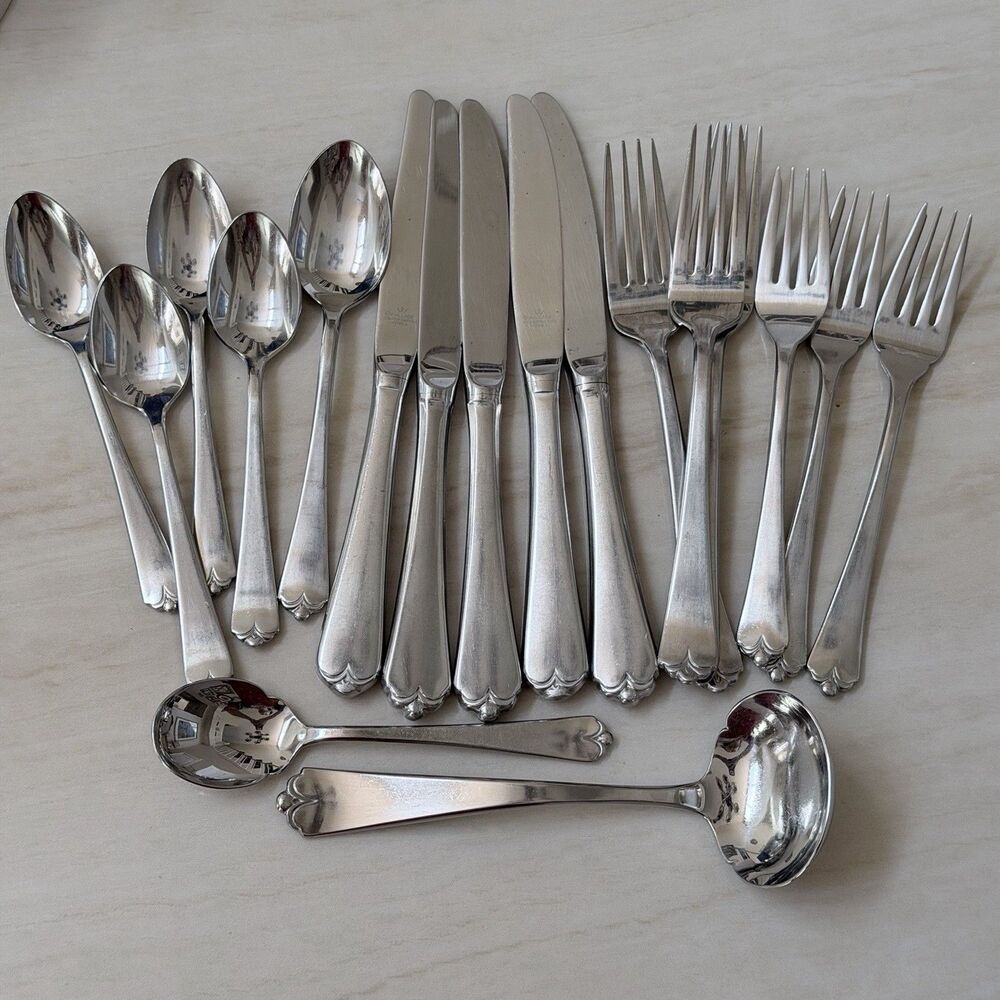 18pc Wallace Lotus Stainless Flatware Set 18/8 Glossy Ball Tip Handle Japan